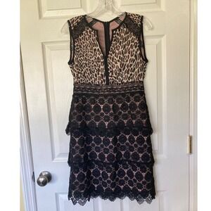 Nanette Lepore Silk Mini Dress 2 Leopard Tiered Scalloped Lace Designer Chic USA